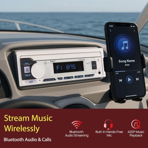 Pyle Marine Radio Single DIN Receiver – Bluetooth Wireless Streaming, AM/FM Tuner, USB/AUX MP3 Playback, Hands-Free Calling, Remote Control, RGB Buttons, Splash-Resistant Stereo Upgrade