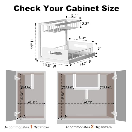 REALINN Under Sink Organizer, L-Shaped 2 Tier Pull Out Cabinet Organizer | Slide Out Under Cabinet Storage, For Kitchen and Bathroom, Metal Under Sink Storage with Sliding Drawer, 50 lbs, White 2 Pack