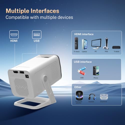Built-in Apps 1080P 4K Support Mini Projector with Android 14, Phone Remote | Portable Smart Projector with WiFi 6 and Bluetooth 5.4 for Bedroom Auto Keystone Compatible with Netflix/iOS/HDMI/TV Stick X1