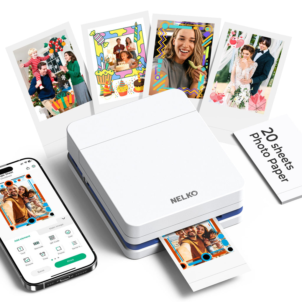 Nelko PP01 Photo Printer, 2x3 Portable Photo Printer, Mini Printer, White | Instant Color Inkjet Printer for Smartphone, Sticky-Back Photos, Bluetooth Compatible with iOS & Android, AI App Editing