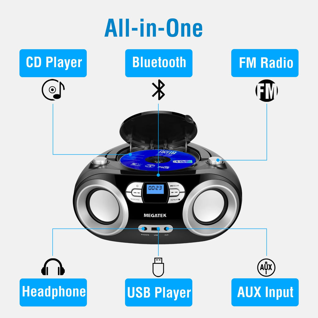 MEGATEK Portable CD Player Boombox with Bluetooth & FM Radio – Black | USB Playback, Clear Stereo Sound, AUX Input, Headphone Jack, CD-R/RW & MP3-CD Support, LCD Display, AC/Battery Powered