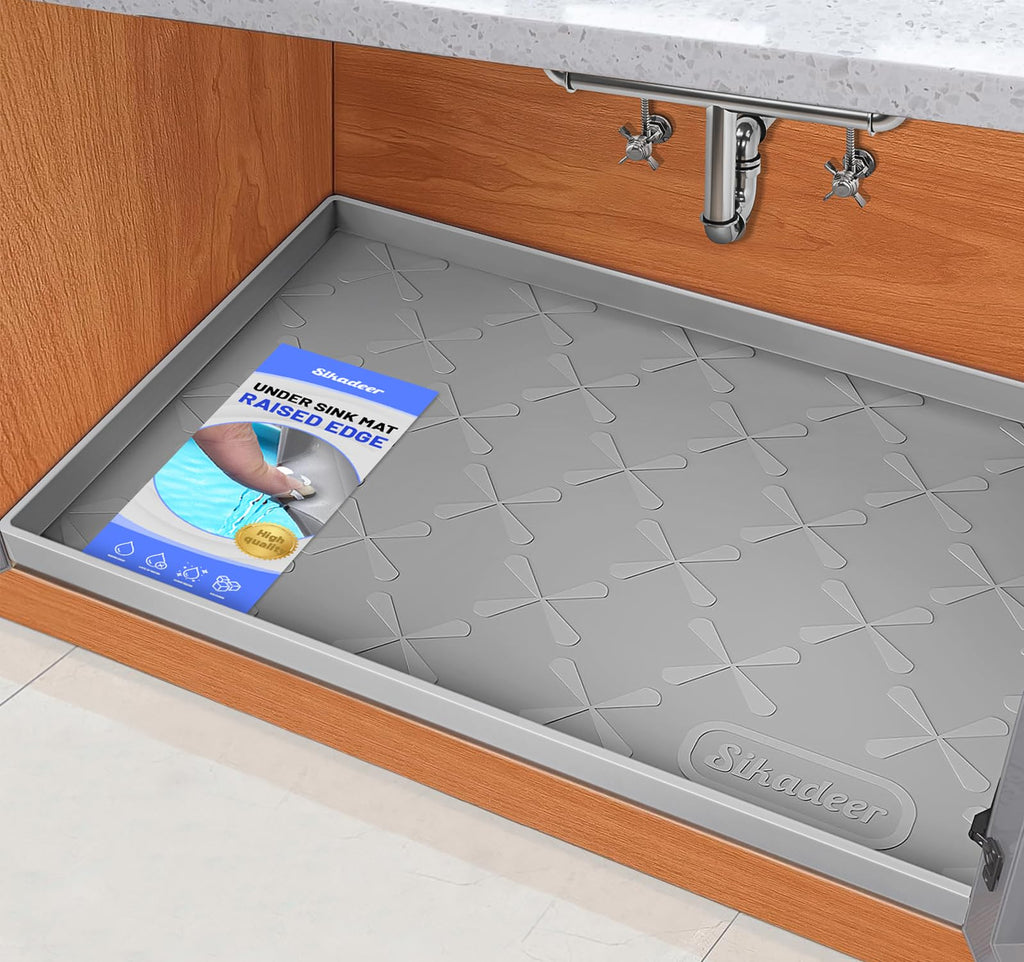 SIKADEER Waterproof Under Sink Mat 34" x 22", Silicone Mat Kitchen liner | BPA-Free Silicone Tray with Raised Lip Protect Cabinets from Leaks, Versatile Home Organizer for Bathroom, Pets, Boots, Floor