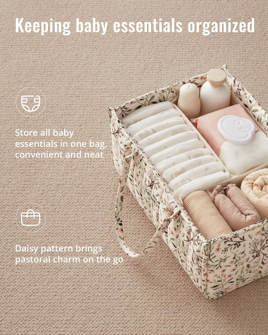 Blissful Diary Floral Diaper Caddy Organizer Storage Basket, Pastoral Daisy | Portable Storage Basket with Removable Dividers, Gift for Baby Shower, Newborn Boy & Girl Essentials, Baby Registry Must Have