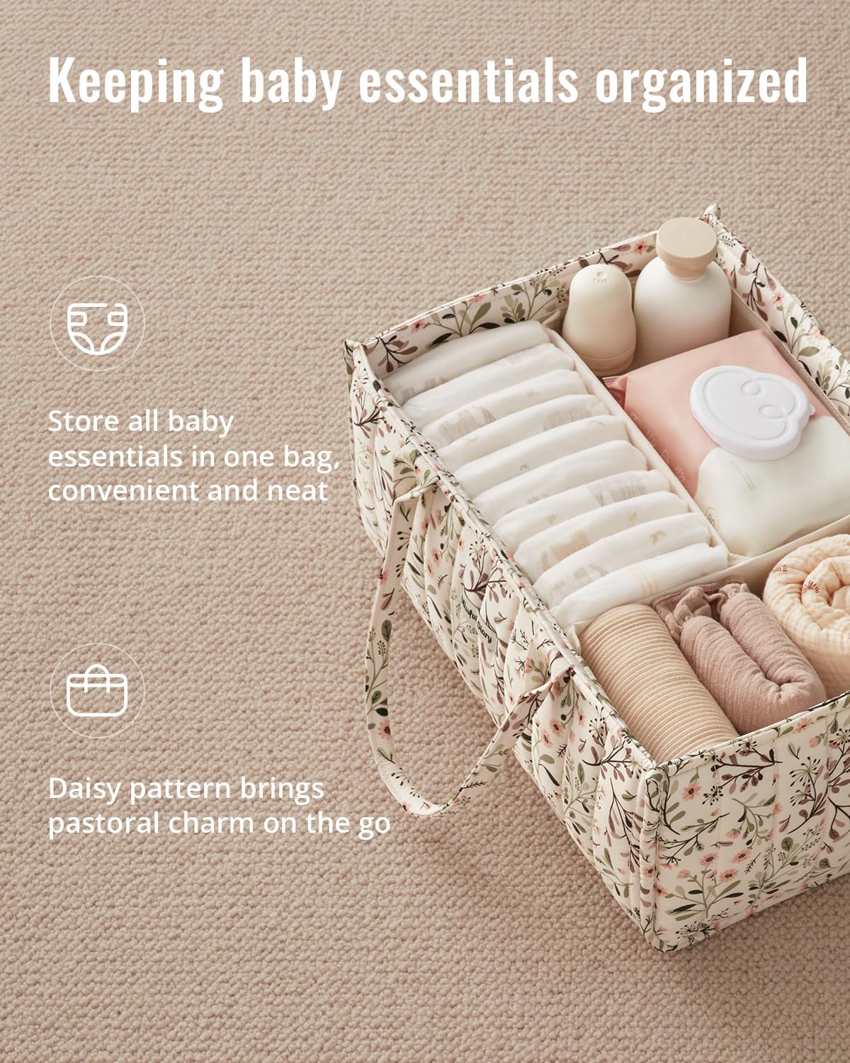 Blissful Diary Floral Diaper Caddy Organizer Storage Basket, Pastoral Daisy | Portable Storage Basket with Removable Dividers, Gift for Baby Shower, Newborn Boy & Girl Essentials, Baby Registry Must Have