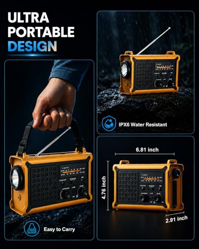 Emergency Radio with Hand Crank & Solar, NOAA Weather Band, AM/FM, 12000mAh | 8500mm² Solar Panel, Clear AM/FM Reception, 5W Flashlight & Reading Light, 120dB SOS, Phone Charging for Hurricanes & Outages