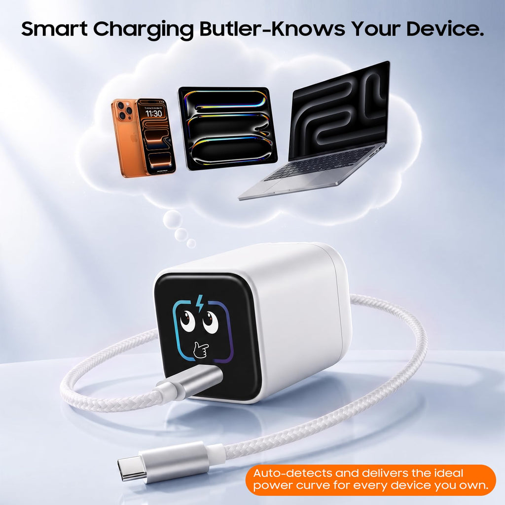 Smart Charging Butler–45W GaN Display Fast Charger with 6.6ft C-to-C Cable | Fast Charging,Active Cooling,90° Foldable Plug,Power Display,Device Recognition,Care Mode,for iPhone 18 Pro Max/17/16,eBook