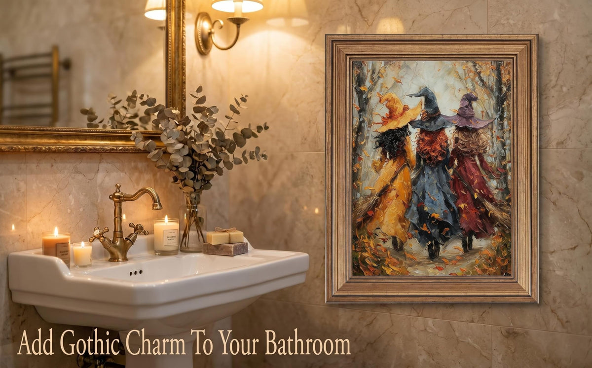 Vintage Halloween Canvas Wall Art, Framed Three Witches Oil Painting Print, Dark Academia Autumn Forest Decor, Retro Gothic Spooky Poster, Rustic Fall Artwork for Living Room, Bedroom, Bathroom, Kitchen (12"L x 9.5"W)