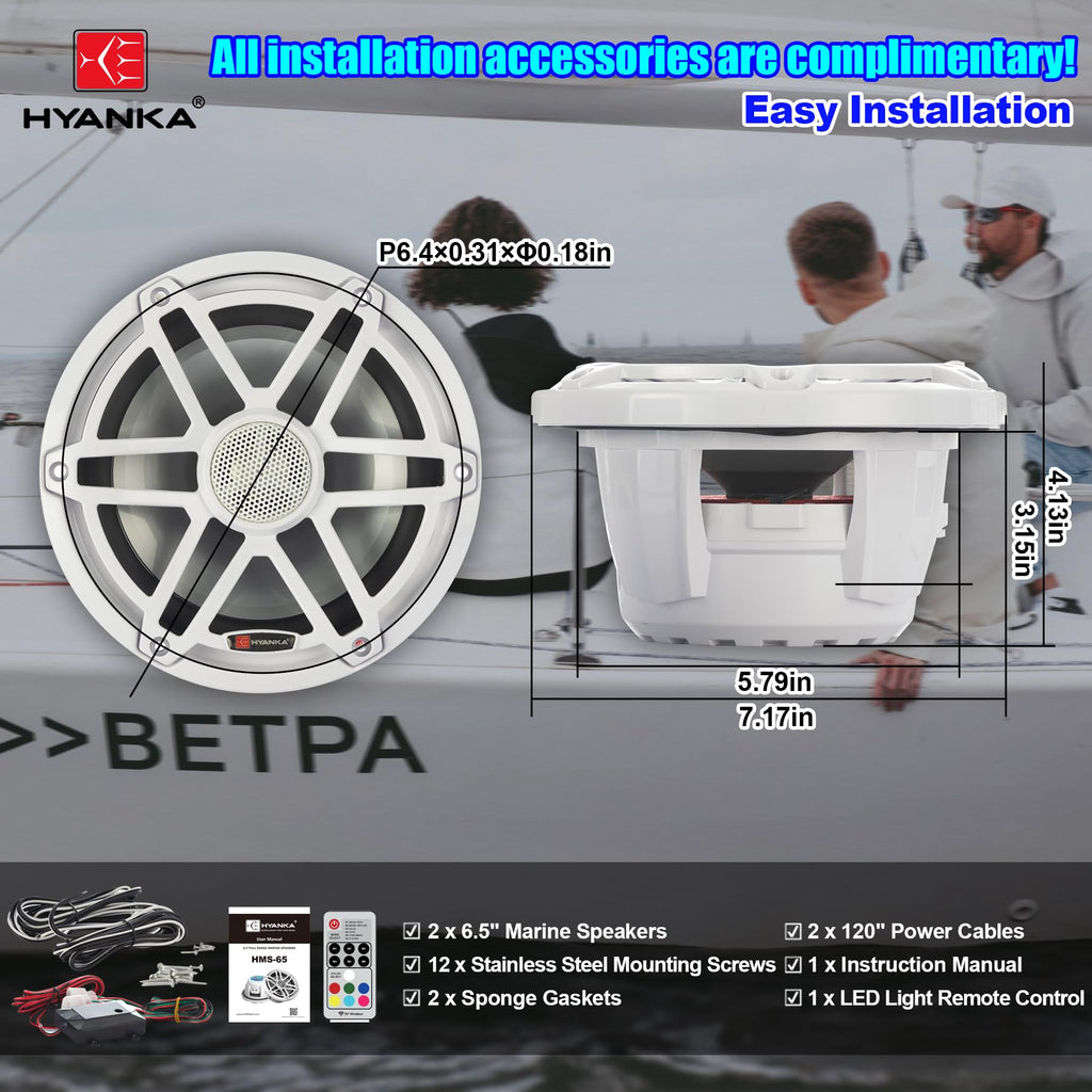 H YANKA HMS-65 6.5 Inch Marine Speakers, Waterproof, 750W, 7Color LED, Pair | 2‑Way marine‑grade coaxial speaker, IP67, salt‑UV resistant for durable long‑lasting use, for boats, utv, atv.
