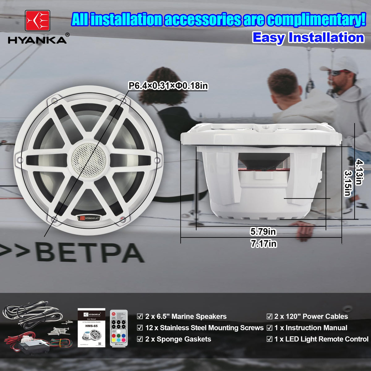 H YANKA HMS-65 6.5 Inch Marine Speakers, Waterproof, 750W, 7Color LED, Pair | 2‑Way marine‑grade coaxial speaker, IP67, salt‑UV resistant for durable long‑lasting use, for boats, utv, atv.