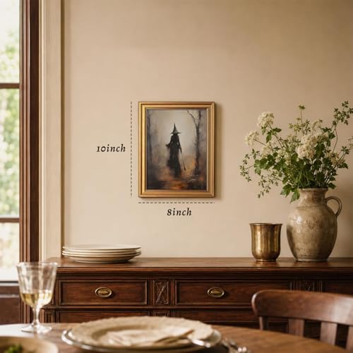 Gold Framed Halloween Wall Art, Vintage Witch Pictures Wall Decor | Spooky Forest Canvas Prints, Gothic Dark Academia Paintings Artwork for Halloween Living Room Bedroom 8x10 Inch