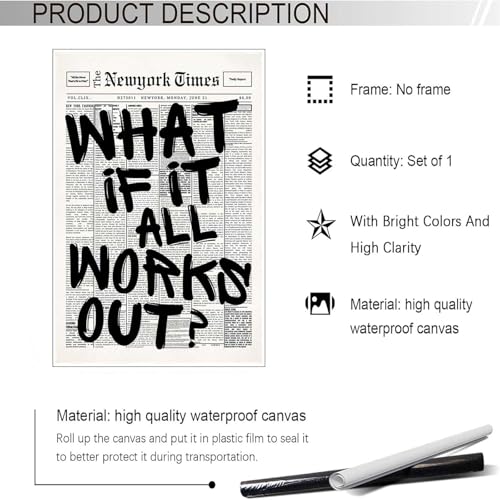 Drimiler Retro Black And White Newspaper Poster What If It All Works Out Canvas Wall Art Positive Affirming Quote Minimalist Prints Painting For Home Bedroom Dorm Wall Decor 8x12in Unframed