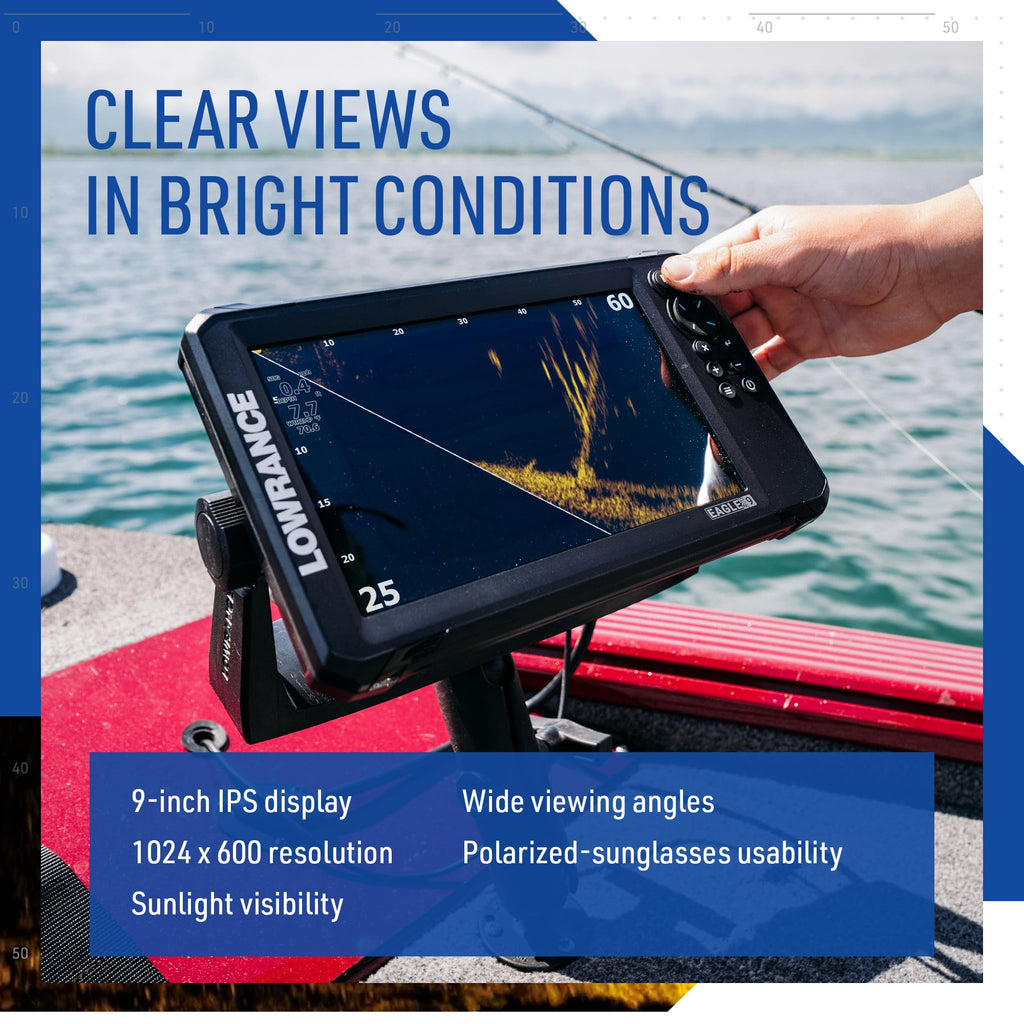 Lowrance Eagle Eye 9 Live Sonar Fish Finder with Preloaded C-MAP Charts | 9-inch IPS display, Live Forward, Live Down, CHIRP, FishReveal, included transducer