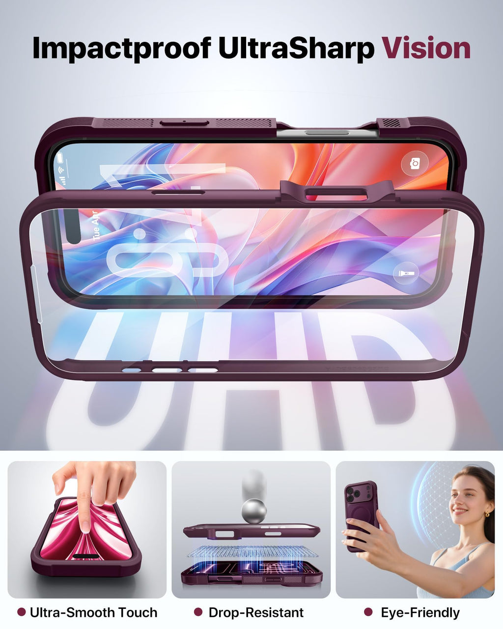 Diaclara Magnetic for iPhone 18 Pro Case with Screen Protector, Burgundy | Fit for MagSafe, Built‑in Anti‑Scratch Touch‑Sensitive Screen Protector, 360° Dual‑Layer Rugged, Mil‑Grade Drop Protection