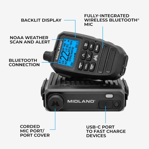 Midland MXT295 15W MicroMobile GMRS Two-Way Radio with Bluetooth Mic | Wireless Bluetooth Mic, IP67 Waterproof, 99 Channels, 8 Repeater Channels, PA and Intercom, NOAA Weather Alert