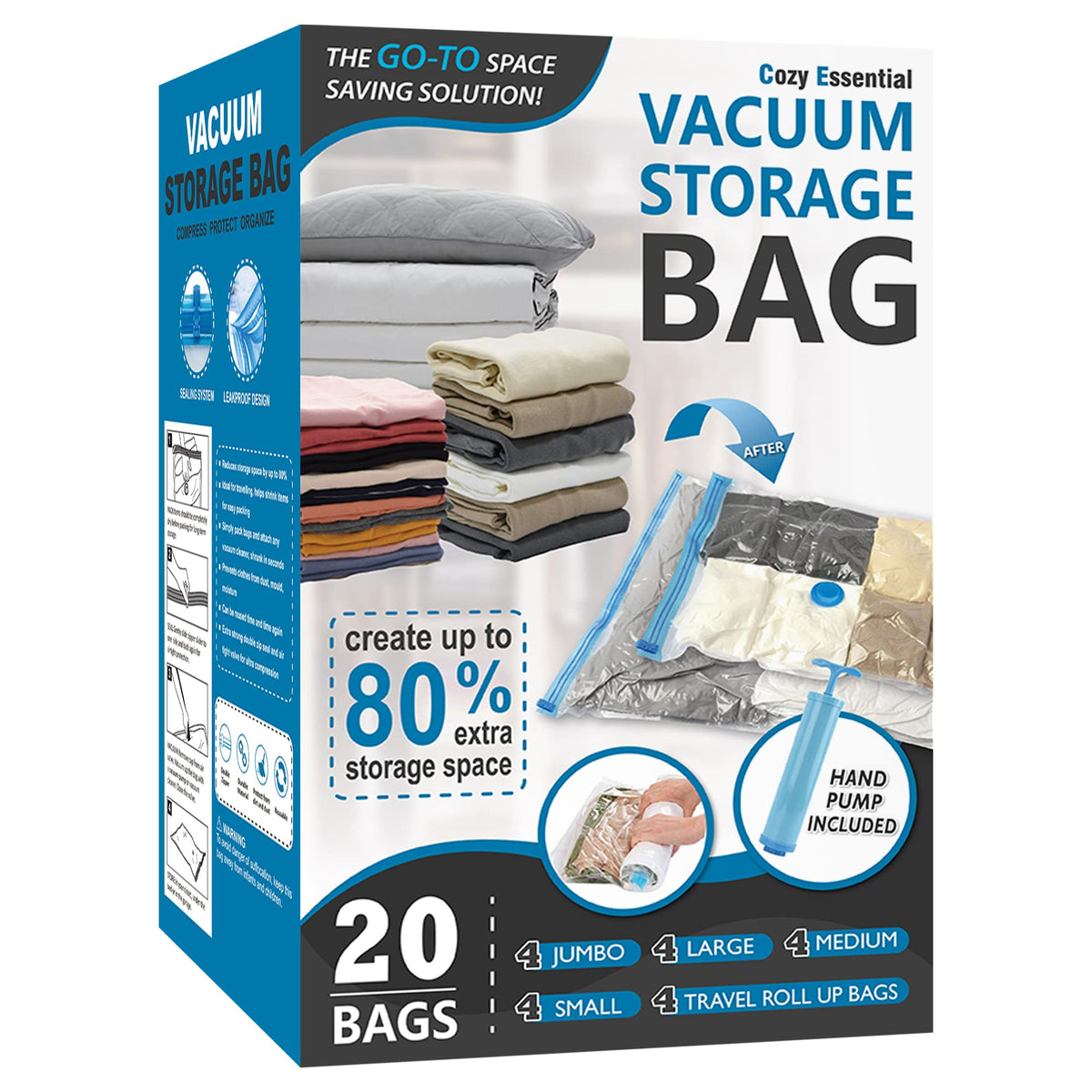 Vacuum Storage Bags with Hand Pump, Vacuum Seal Space Saver Bags,20 Combo | 80% Space-Saving Bags for Clothing, Blankets, Pillows, Bedding & Comforters; Multi-Size Variety Pack for Home & Travel