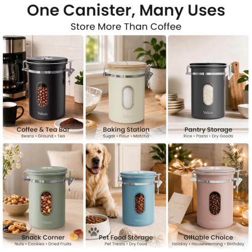 Veken Coffee Canister with Window, Airtight Stainless Steel Container, 22OZ | Kitchen Food Storage Pantry Organizers for Beans,Ground,Espresso,Rice,Tea,Sugar,Bar Accessories,Gifts,Lids,Jars, Scoop, Black