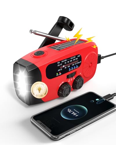 Emgykit Hand Crank Radio with AM/FM/NOAA Weather Band,for Emergencies | 3 LED Flashlights,SOS Function,Solar Powered,Hand Cranked, 2000mAh/7400mWh Charger,for Power Outage - Red