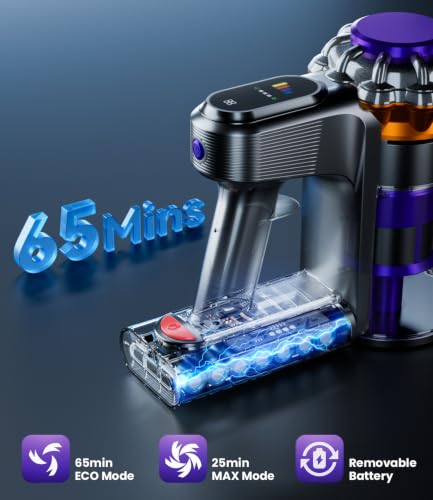 KQAHA Cordless Vacuum Cleaner, 600W 50KPA Vacuum Cleaners for Home, 65Mins Stick Vacuum Cordless with Self-Standing, LED Display & Anti-Tangle, Lightweight Wireless Vacuum for Pet Hair/Carpets/Floors