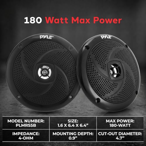 Pyle Waterproof Marine Speakers - Pair of 5.25" 180 Watt Low Profile Slim Style System - Weather Resistant Outdoor Rated Speakers for Boat, Patio, Poolside, Deck, Home (Black)