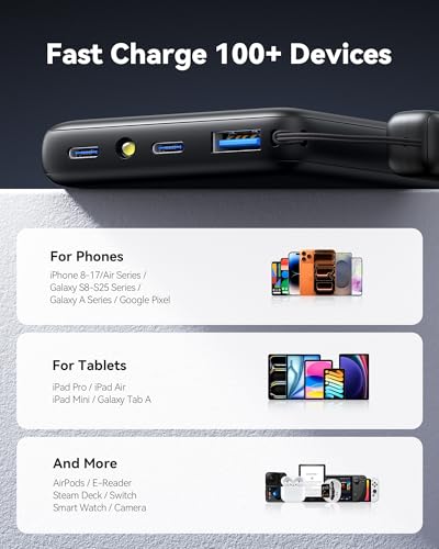 INIU 10000mAh 45W Fast Charging Portable Charger, Smaller Travel Power Bank | Flight-Safe, Detachable USB C Cable, Travel Essential, External Battery Phone Pack for iPhone 18 17 Samsung iPad etc