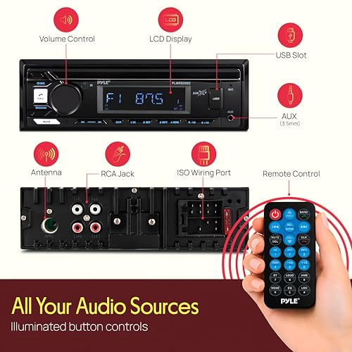 Pyle Marine Bluetooth Stereo Radio - 12v Single DIN Style Boat In dash Radio Receiver System with Built-in Mic, Digital LCD, RCA, MP3, USB, AM FM Radio - Remote Control - PLMRB29B (Black)