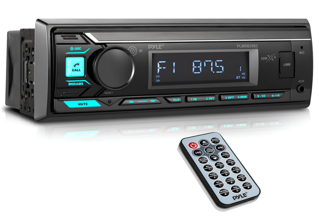Pyle Marine Bluetooth Stereo Radio - 12v Single DIN Style Boat In dash Radio Receiver System with Built-in Mic, Digital LCD, RCA, MP3, USB, AM FM Radio - Remote Control - PLMRB29B (Black)