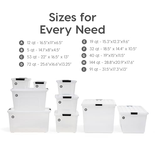 IRIS USA 6-Pack 54 Quart Storage Bins with Lids, Clear | Transparent design makes contents easy to find. Perfect for moving, blankets, clothing, and garage storage. Nestable design