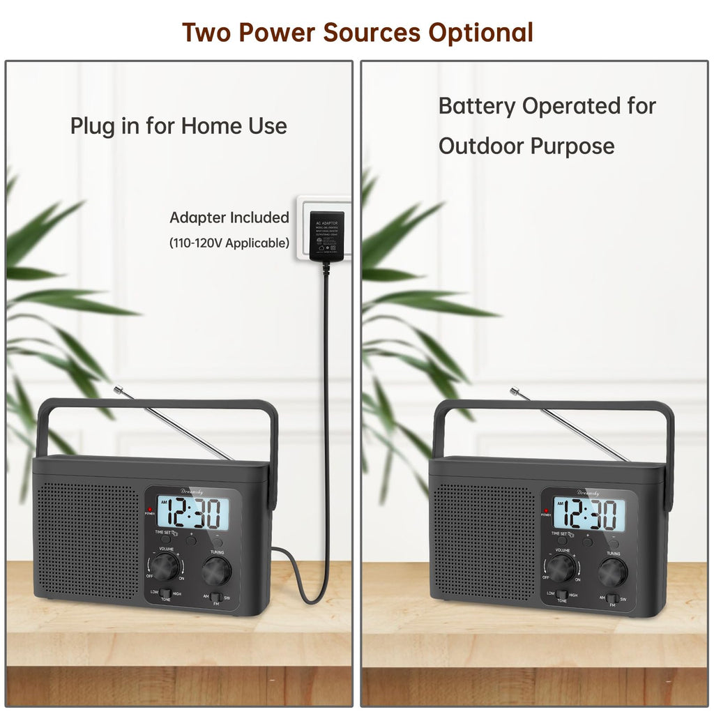 DreamSky AM FM Radio Portable Shortwave Radio Battery Powered/Plug in Wall | for Home Outdoor, Strong Reception, Large Dial Easy to Use, Digital Time Display, Transistor Antenna, Seniors Small Gift