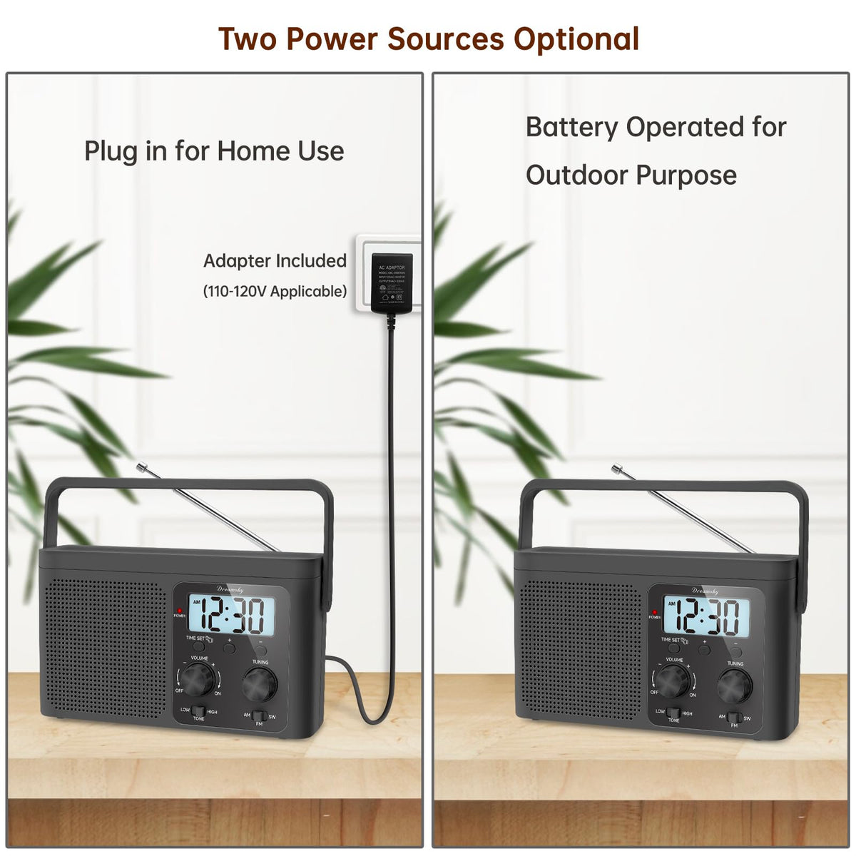 DreamSky AM FM Radio Portable Shortwave Radio Battery Powered/Plug in Wall | for Home Outdoor, Strong Reception, Large Dial Easy to Use, Digital Time Display, Transistor Antenna, Seniors Small Gift