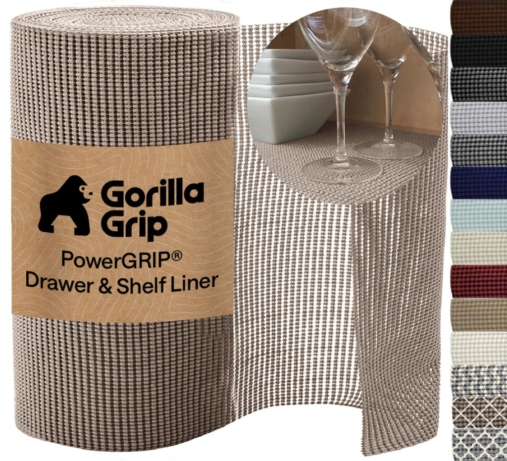 GORILLA GRIP powerGRIP Drawer Shelf and Cabinet Liner, 12"x10', Beige | Thick Strong Hold, Non-Adhesive, Protect Kitchen Cabinets and Cupboard, Bathroom Drawers, Easy Install Mat