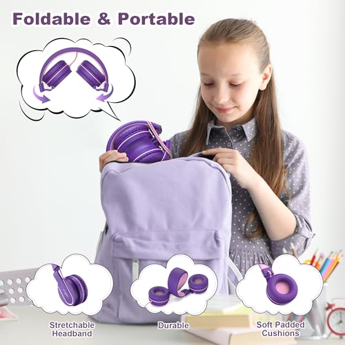Kids Headphones for School with Microphone, 93dB Volume Limited, PinkPurple | Wired On Ear Headphones for Girls Boys, Foldable Lightweight Headphone for Classroom Learning & Entertainment Travel Computer