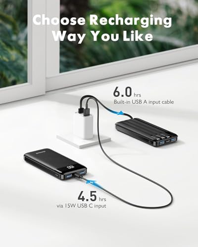 charmast Portable Charger Power Bank with Reinforced Built-in 4 Cables | 10000mAh,6 Outputs 3 Inputs,Travel Essentials,Carry-on Only,3A Fast Charging Portable Phone Charger for iPhone Samsung Pixel