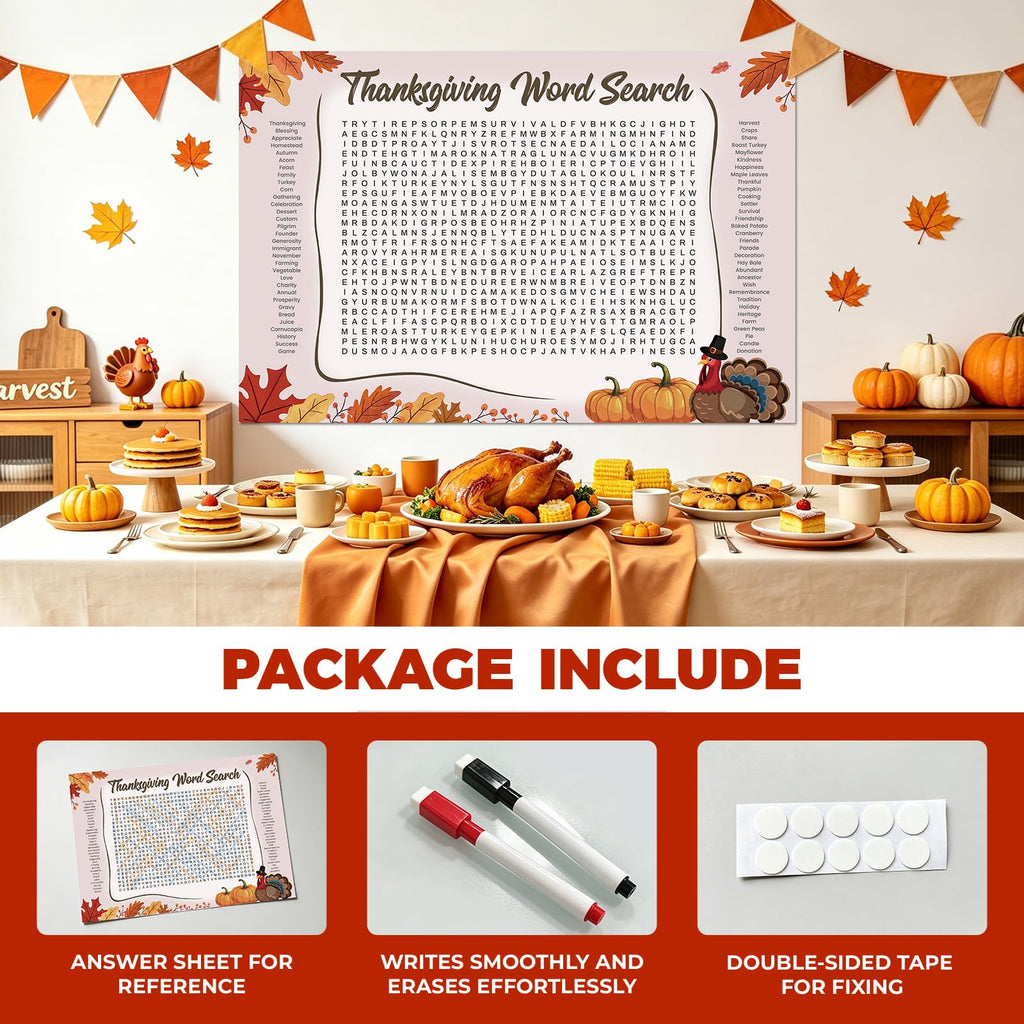 WBCPATY Giant Thanksgiving Word Search Poster, 53" X 36" Jumbo Holiday Word Find Wall Poster, Wall Game with 64 Words for Family Holiday Party Activity