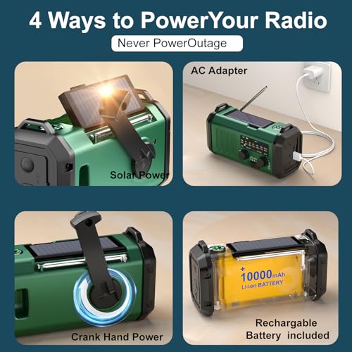 Leaton Hand Crank Emergency Radio, NOAA Weather Radio AM/FM,10000mAh | Solar charging, Rechargeable Battery Powered, USB-C Charger, Flashlight, SOS Alarm, for Camping Survival Emergencies