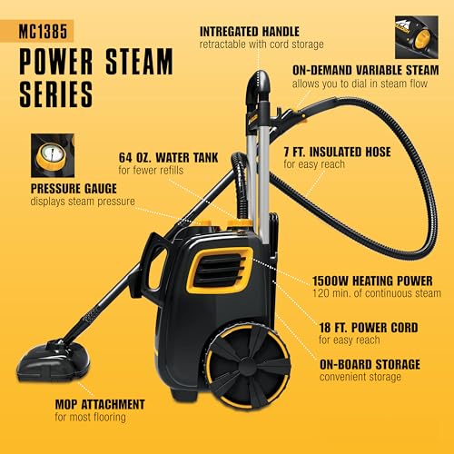 McCulloch MC1385 Canister Steam Cleaner, For Grout and Tile, 23 Accessories | Mop Head, Brushes & More - Built for Home, Tile, Carpet, Furniture, & Personal Car Detailing