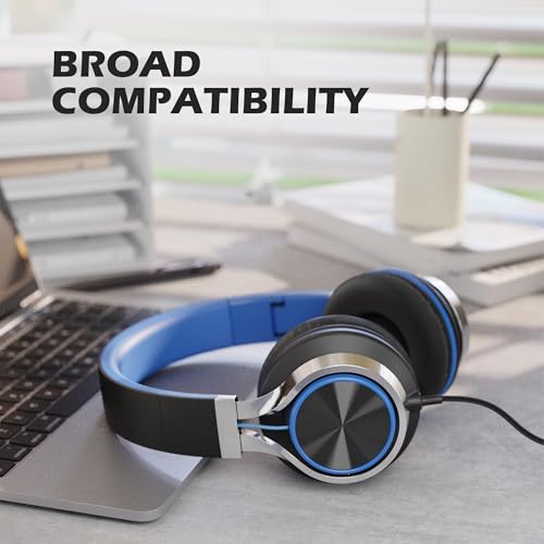 AILIHEN C8 Kids Wired Headphones with Mic for School, 3.5mm Jack, BlackBlue | On Ear Headsets and Volume Control Foldable, Corded Computer Chromebook for Children Teens Classroom Online Learning Travel