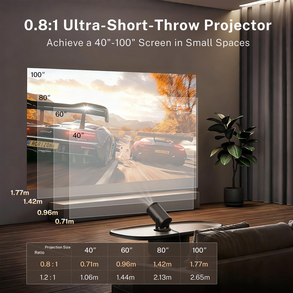 [Built-in Apps] Mini Projector 4K Supported, Android TV OS & Phone Remote | Projector with WiFi 6 & Bluetooth 5.4, Short Throw, Auto Keystone and 180° Rotation for Bedroom, Home Cinema and Outdoor Use