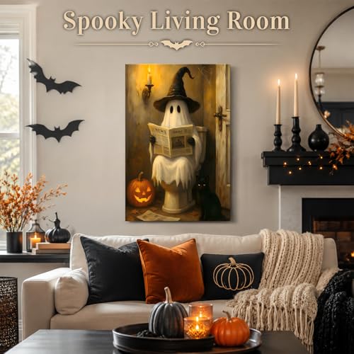 Framed Halloween Ghost Bathroom Canvas Wall Art 8x12 In, Funny Spooky Toilet Scene Canvas Prints Artwork, Dark Halloween Wall Decor Pictures for Office Home Decoration