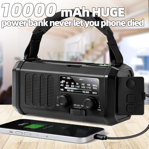 Emergency Weather Radio with NOAA Alert, Portable Solar Hand Crank AM/FM | 10000mAh Rechargeable Battery for Power Outages, 3Way Powered, 3-Mode LED Flashlight & Reading Lamp, SOS, Cell Phone Charger