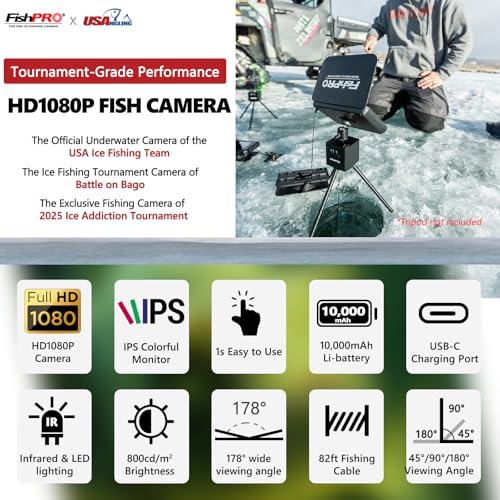 [FishPRO® 2026 Upgrade] NO.1 HD 1080P Underwater Fishing Camera 7'' IPS- w/10,000mAh (Ease to Use) N/DVR Ice Fishing Camera, Fish Finder Camera for Ice Lake Boat Fishing w/USB-C, LED+IR, 82ft
