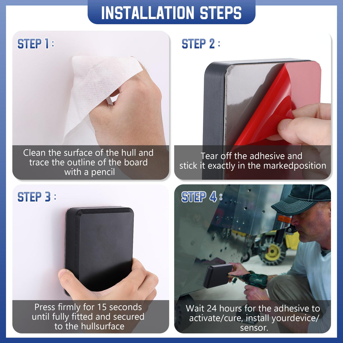 Transducer Mounting Plate Kit Transducer Pad,Black,4.3 x 3.5 Inch | Adhesive mount plate, 25mm pad, Cleaning wipes & clips, No-drill transducer installation