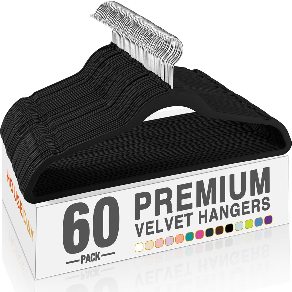 HOUSE DAY Black Velvet Hangers 60 Pack, Premium Non Slip Clothes Hangers | Felt Hangers Slim Space Saving Hanger for Closet Organizer, Heavy Duty for Coat with 360° Rotating Silver Hook