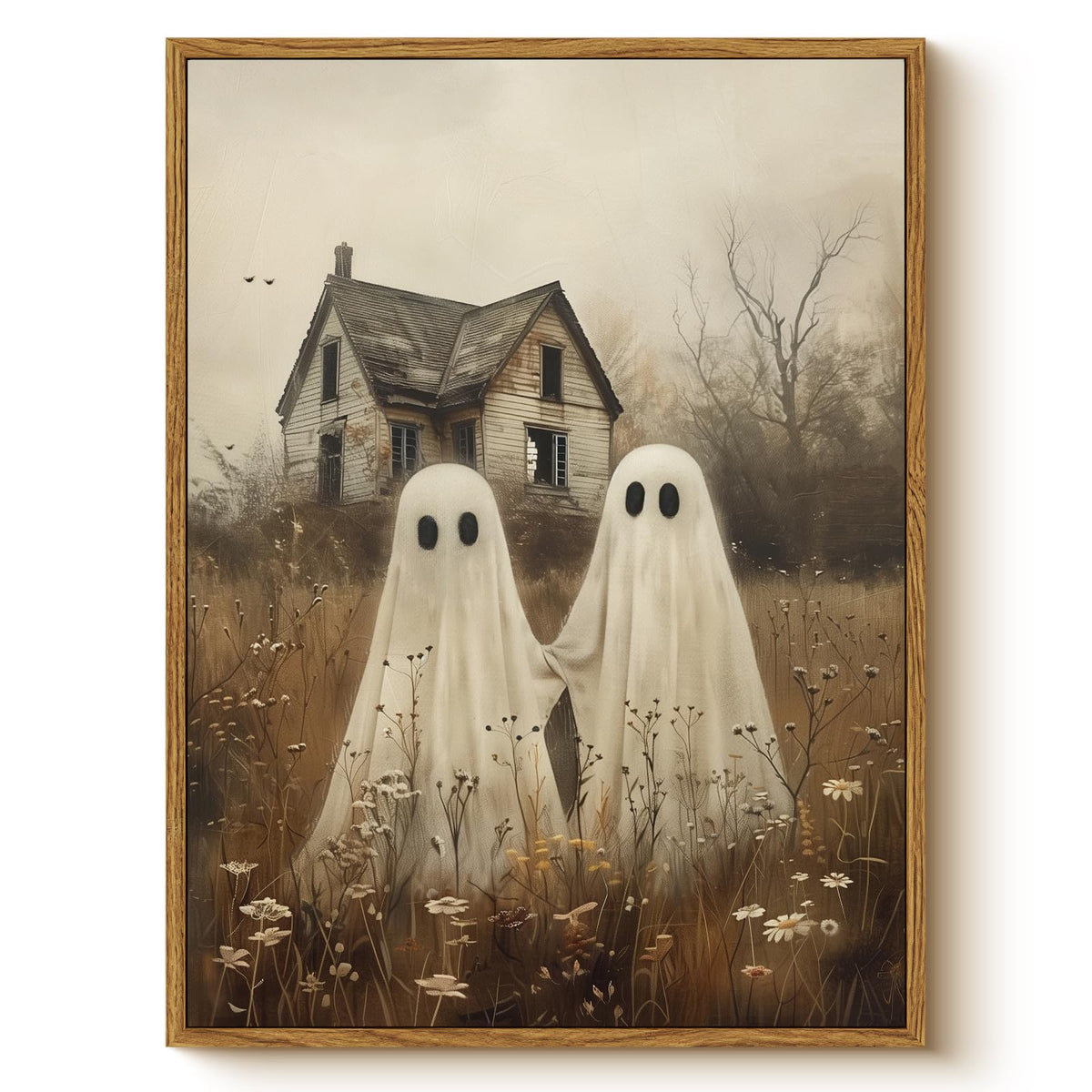 Vintage Halloween 12x16 Framed Canvas Wall Art, Rustic Cute Ghost Couple Haunted House Print, Country Spooky Holding Hands Ghosts Artwork, Creepy Farmhouse Autumn Fall Entryway Decor