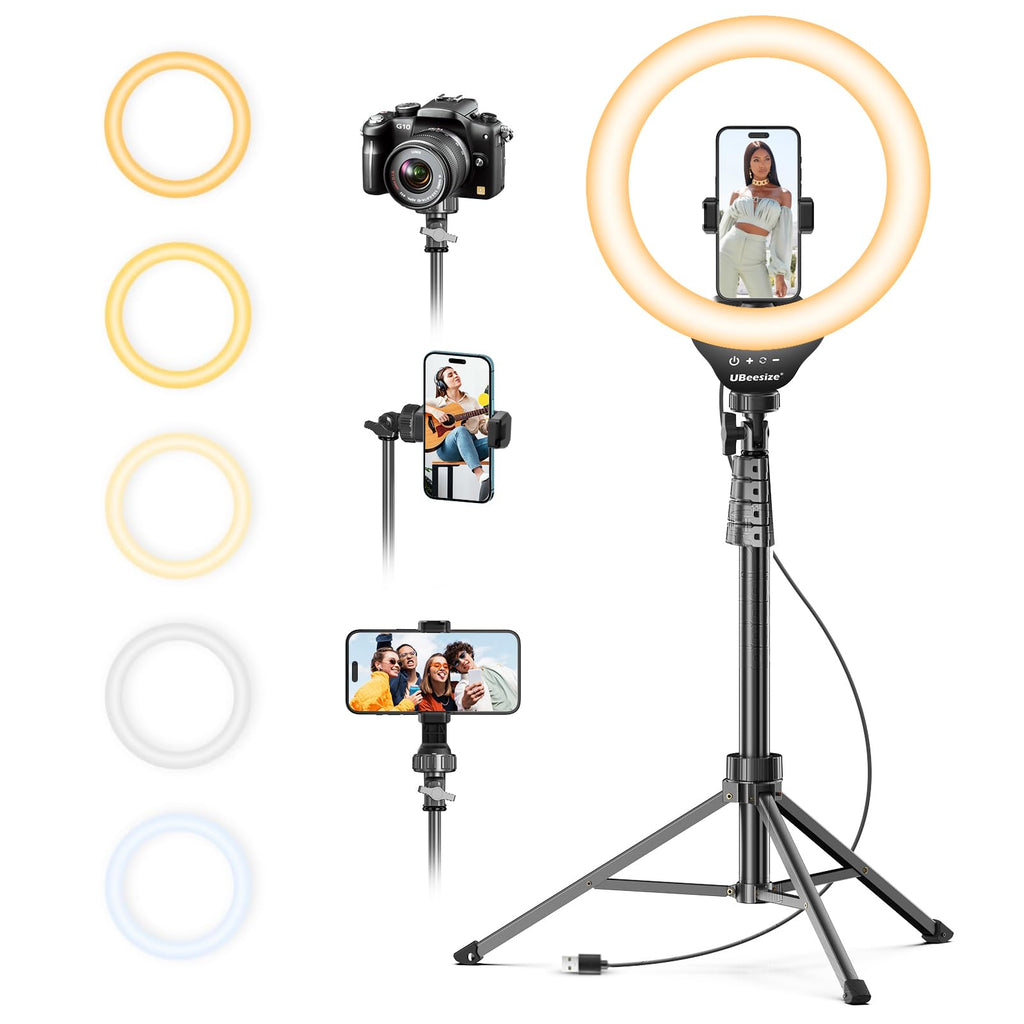 UBeesize 12" LED Ring Light with 62" Tripod Stand, Phone Holder & Remote | Dimmable Selfie Light for Video Recording, Live Streaming, TikTok, YouTube, Makeup, Compatible with iPhone & Android (Black)