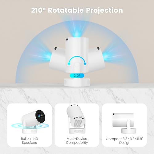 Mini Portable Projector with Bluetooth 5.4 and WiFi 6, 4K Support | HY300 Ultra Projector,220 ANSI,210° Rotation,Auto Keystone Correction,5watt Sound Base Speaker