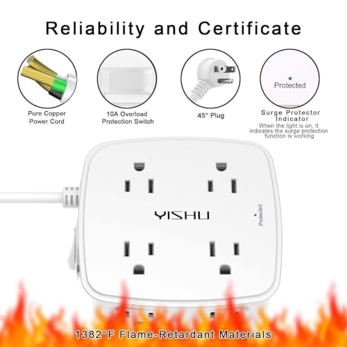 YISHU 6Ft Surge Protector Power Strip with 8 Widely Outlets & 4 USB Ports | 3 Side Outlet Extender with 6 Feet Extension Cord, Flat Plug, for Home, Office, College Dorm Room Essentials
