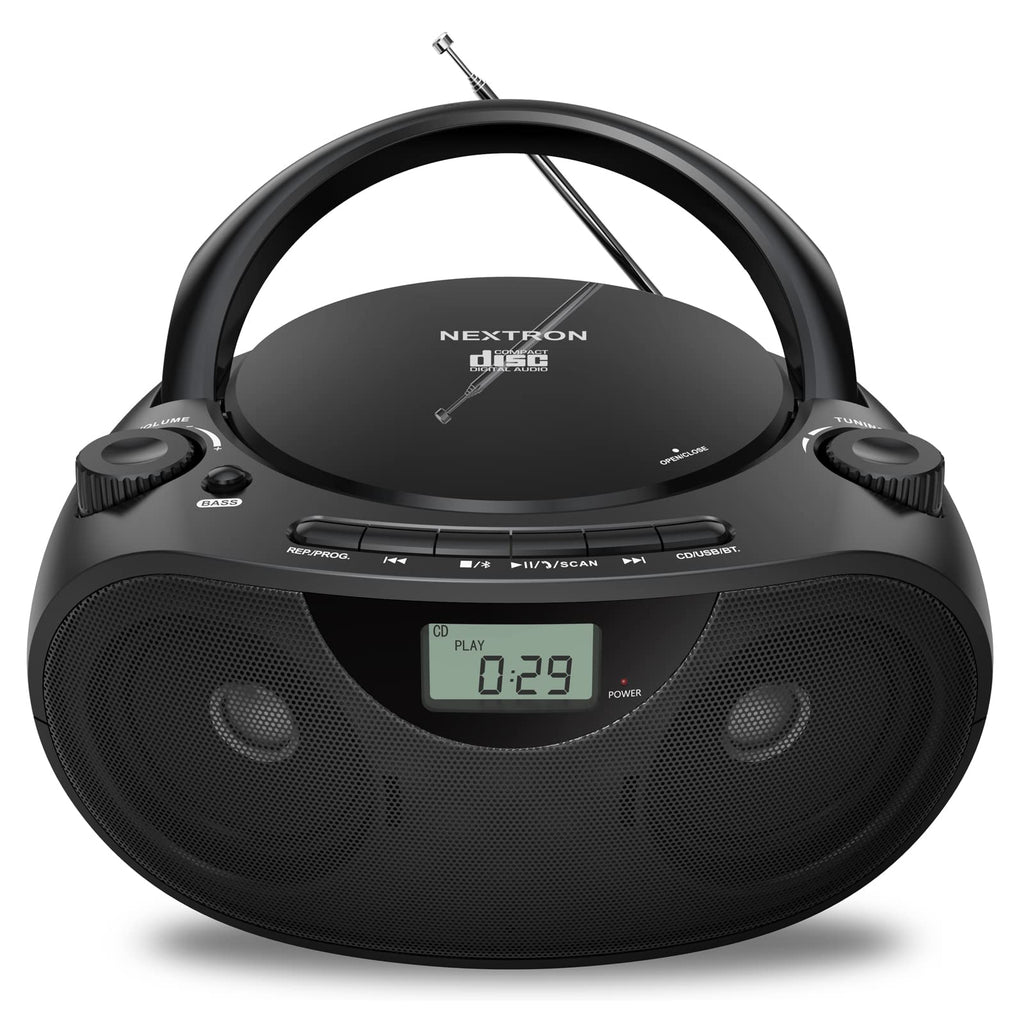 Nextron Portable CD Player Boombox with Bluetooth, AM/FM Radio & USB | CD-R/RW, MP3-CD & USB Playback, Stereo Sound, Bass Boost, AUX Input, Headphone Jack, LCD Display, AC/Battery Powered - Black