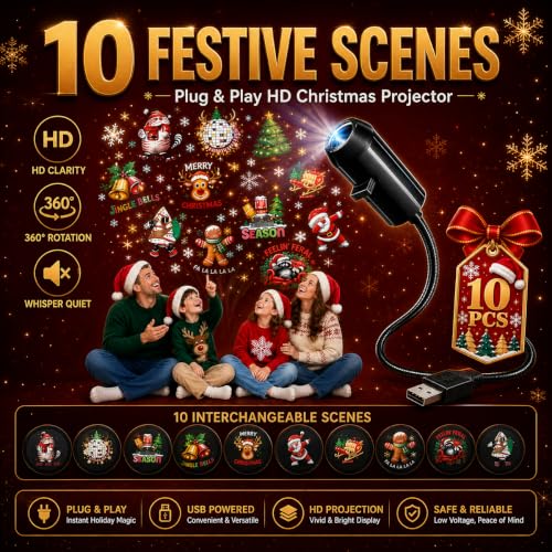 10 Pack Plug and Play HD Christmas Projector, 10 Festive Scenes, 360° Flexible Neck for Bedroom,Home Theater,Car