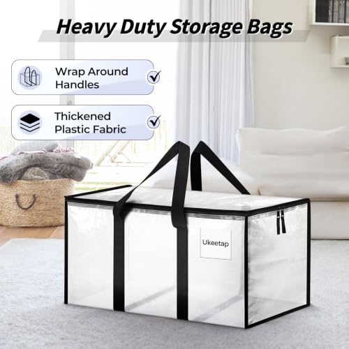 ukeetap 8 Pack Extra Large Clothes Storage Bins with Lids, Clear | Storage Bags with Reinforced Handles & Heavy-Duty Zippers, Moving Bags Boxes Totes for Clothes Packing, Dorms, College