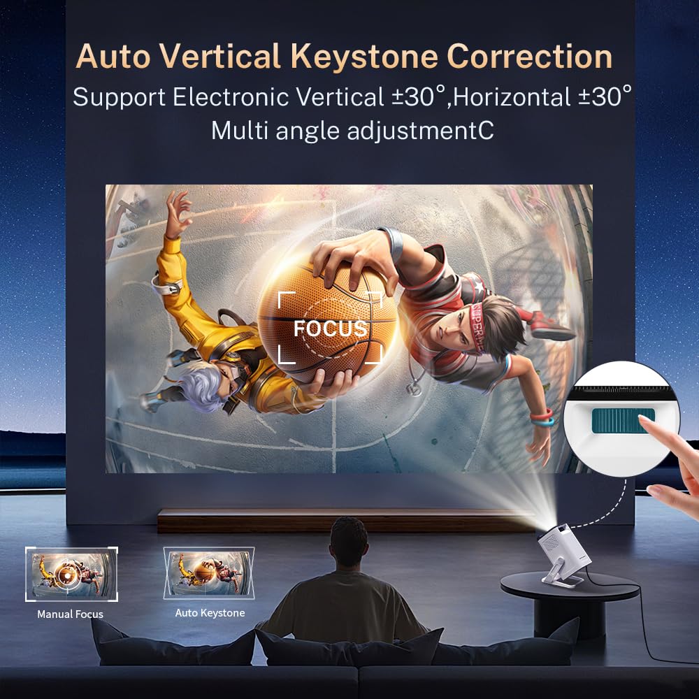 Built-in Apps 1080P 4K Support Mini Projector with Android 14, Phone Remote | Portable Smart Projector with WiFi 6 and Bluetooth 5.4 for Bedroom Auto Keystone Compatible with Netflix/iOS/HDMI/TV Stick X1